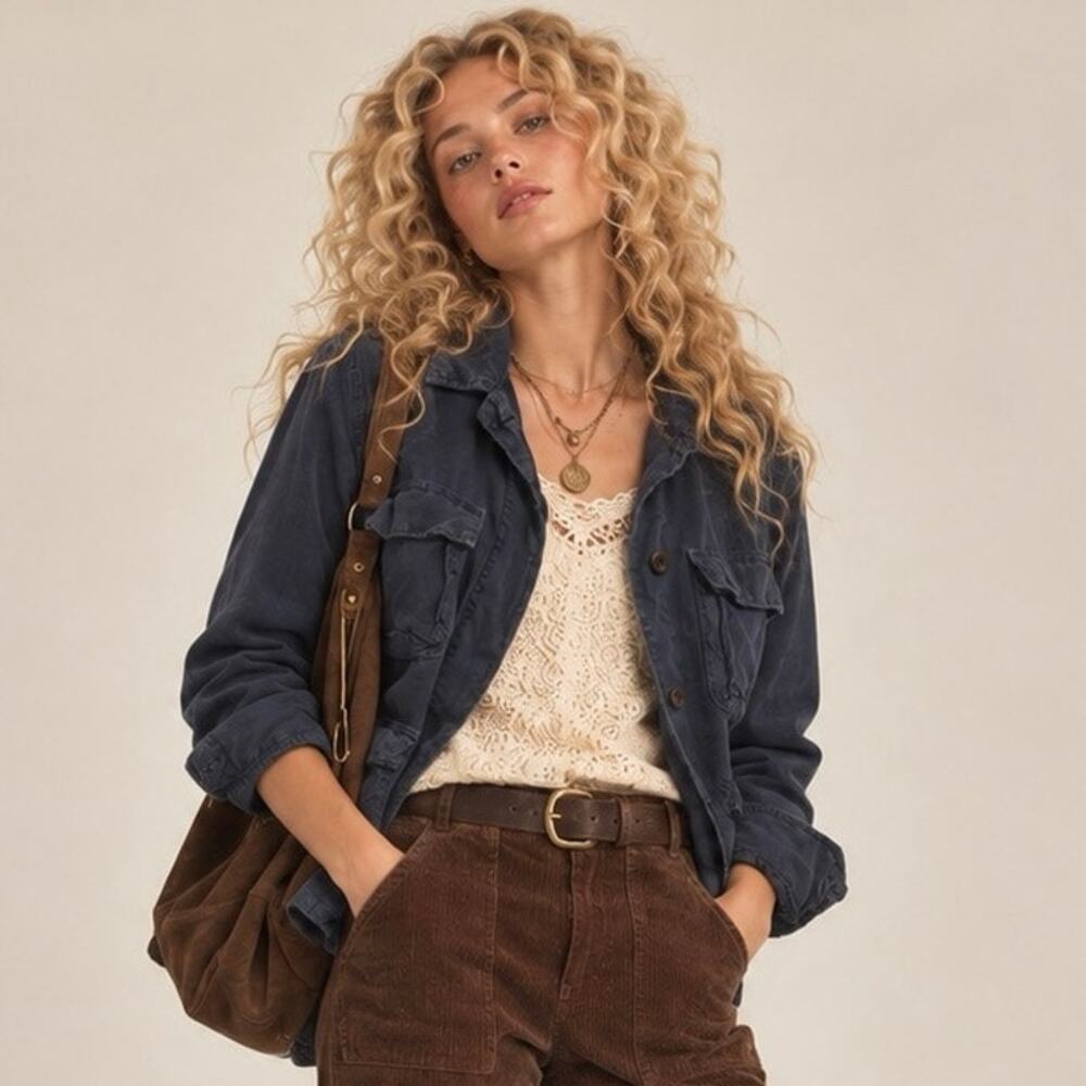 Hartford Alternative Apparel Navy Blue Linen Cotton Utility Jacket FR 1 Layer